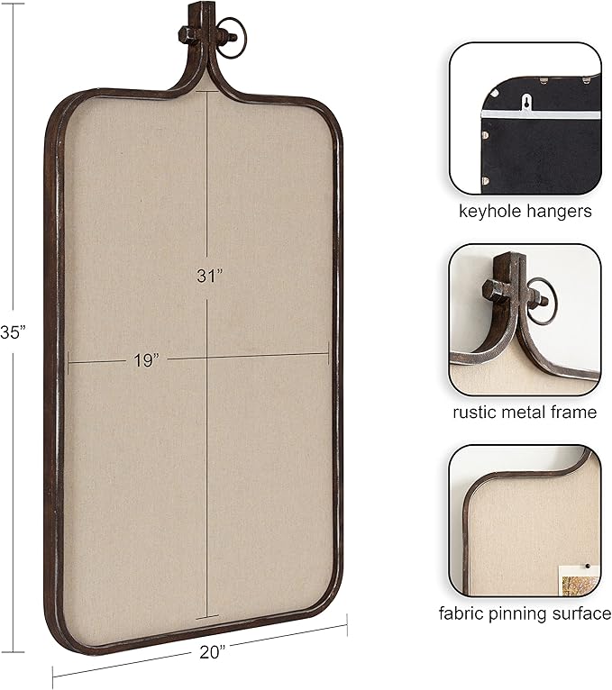 Kate and Laurel Yitro Modern Farmhouse Metal Rectangle Decorative Pinboard, 20 x 35, Rustic Bronze, Industrial Rectangular Bulletin Board with Unique Ornamental Crown