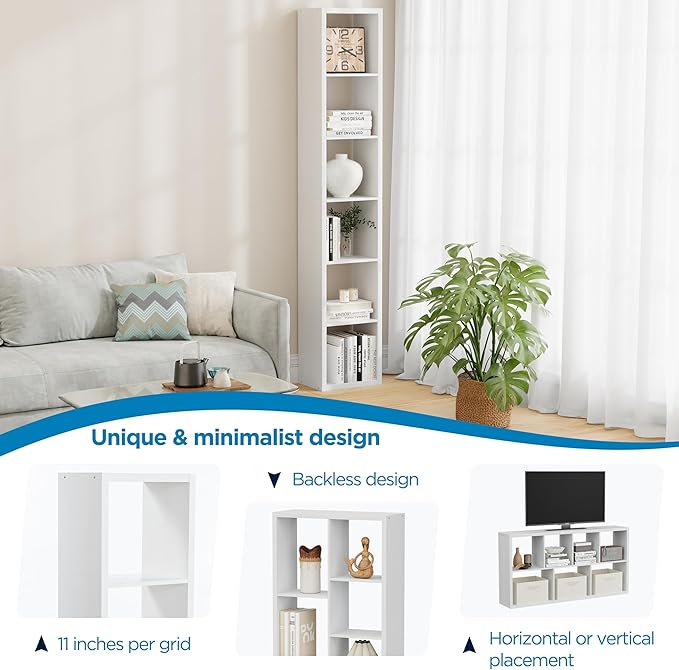 Jpiziso 6 Cube Storage Organizer Single Row, Cube Shelf with Heavy-Duty Thick Boards, 13.31" L x 9.37" W x 72.36" H, Smooth Easy-Clean Panels, Simple Assembly, for Living Room Bedroom Office, White