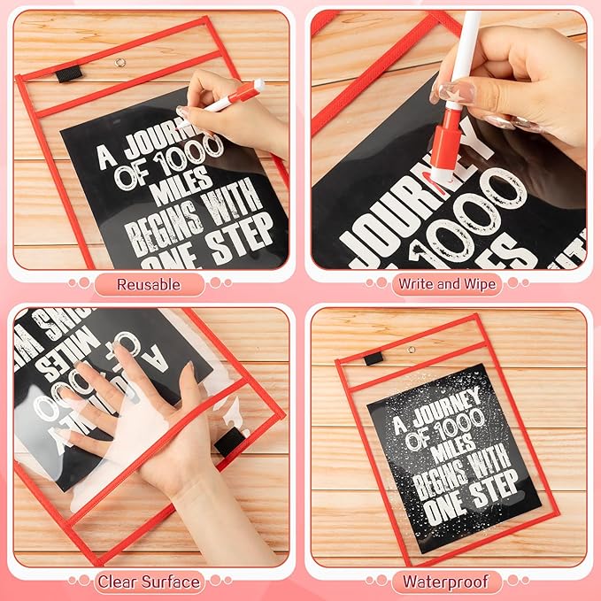 Seajan 120 Pcs Clear Dry Erase Pockets Plastic Sleeves for Paper 14 x 10 Inch Reusable Job Holder Shop Ticket Holders Order Pockets Organizer Teacher Supplies for Classroom (Red)