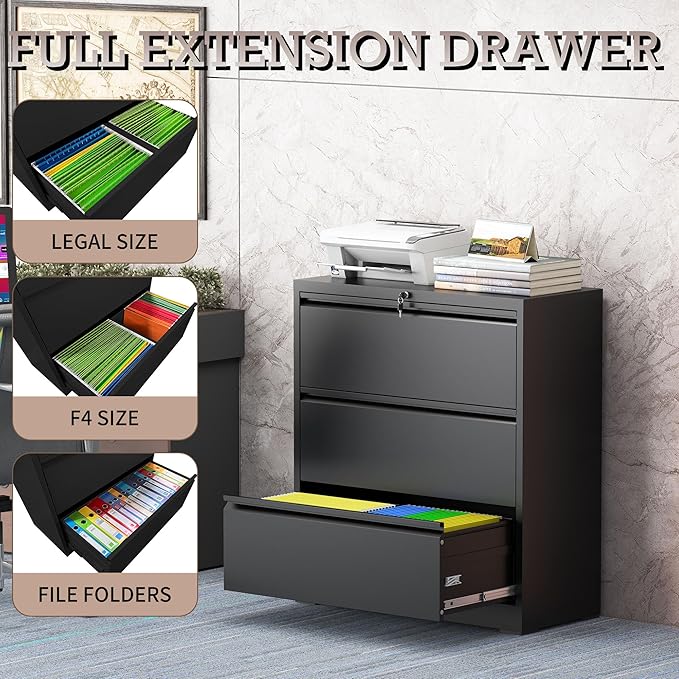 mysteeldepot 3 Drawer Lateral File Cabinet for Home Office, Lateral File Cabinets with Lock, Metal File Cabinet, Heavy Duty File Storage Cabinet for Legal/Letter/A4 Document, Assembly Required, Black