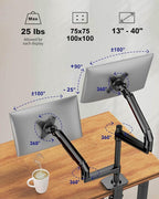 Ergounion Dual Monitor Mount, Holds Screens up to 40 Inches and 25 lbs, Fully Adjustable Dual Monitor Arm with C-Clamp and Grommet Base, Aluminum, Black