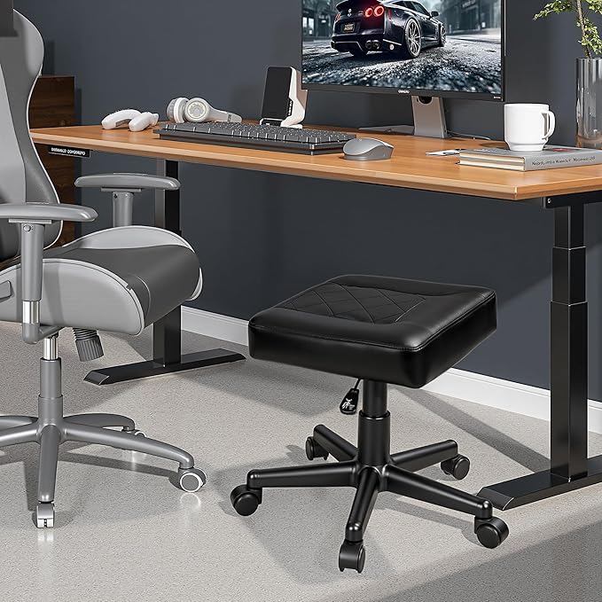 VECELO Under Desk Footrest, PU Ergonomic Foot Rest with Wheels, Comfort Padding, Height Adjustable for Relieving Leg Pain, Stiffness, Black