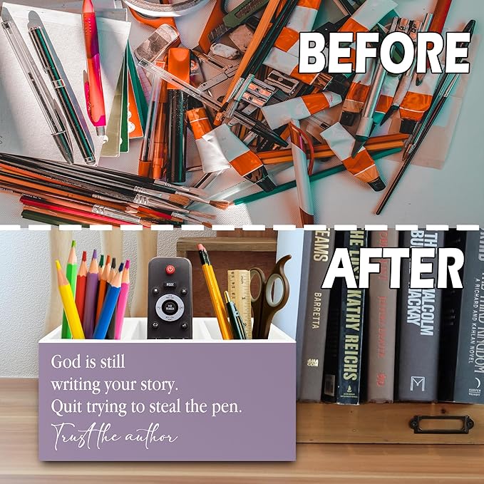 XPH Purple Christian Pen Pencil Holder Organizer for Desk, Christian Gifts for Women, God Is Still Writing Your Story Bible Verse Wooden Box Sign for Home Office Desk Tabletop Decorations