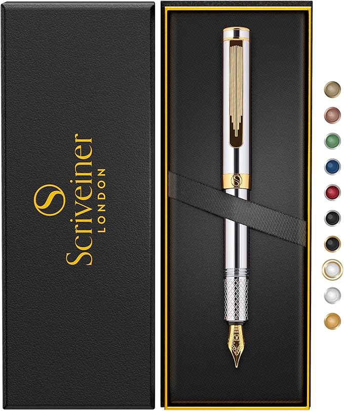 Scriveiner Luxury EDC Fountain Pen (Medium), Stunning Silver Chrome Luxury Pen, Real Gold Plating, Schmidt German Nib, Converter, Writing Gift Set for Men & Women, Nice Fancy Office Designer Pen