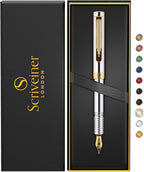 Scriveiner Luxury EDC Fountain Pen (Medium), Stunning Silver Chrome Luxury Pen, Real Gold Plating, Schmidt German Nib, Converter, Writing Gift Set for Men & Women, Nice Fancy Office Designer Pen
