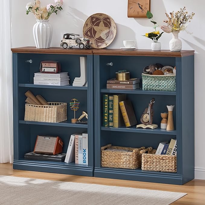 RWYHG 43" Blue Tall Bookshelf Set of 2,3-Tier Thick Wooden Book Shelf with Adjustable Shelves,Free Standing Farmhouse Bookcase with Open Display Storage,Floor Vintage Bookshelves for Living Room