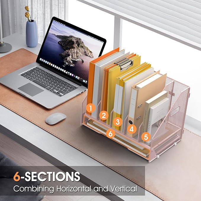 OrgMate Desk File Folder Holder Organizer-5 Vertical Compartments Racks and Paper Letter Tray,Mesh Magazine File Holder Sorter,Desktop Accessories & Workspace Organizers for Home,Office,School-Pink