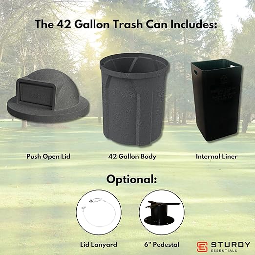 Campus Collection 42 Gallon Round 100% Recycled Plastic Heavy-Duty Commercial Outdoor or Outdoor Trash Can with Push Lid and Internal Liner | Great for Schools and Businesses - Dark Granite