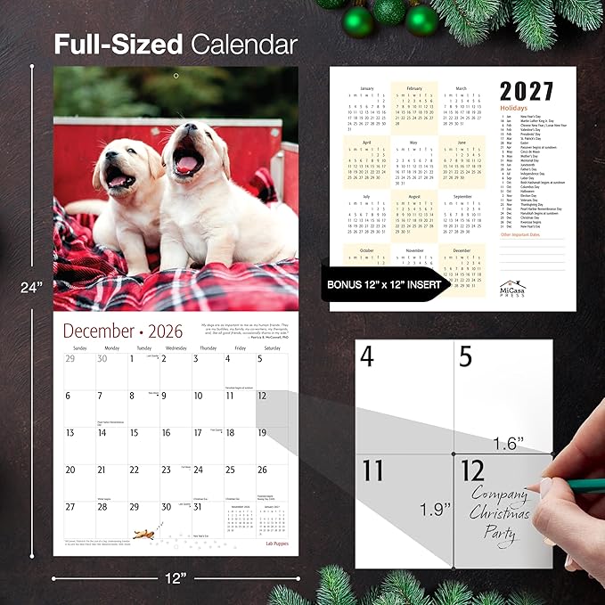 MICASA PRESS Lab Puppies 2026 Wall Calendar 12 Month | 12" x 24" Open | Thick & Sturdy Paper | Holiday Gift | Cute Labrador Retriever Puppy Dog Calendar 2026