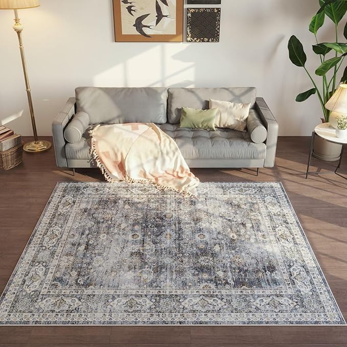 Rugcomf Area Rug 4x6 Rug Washable Boho Rugs Non Slip Low Pile Soft Floral Small Carpet for Bedroom, Bedside, Kids Room, Office, Dining Room(Grey)