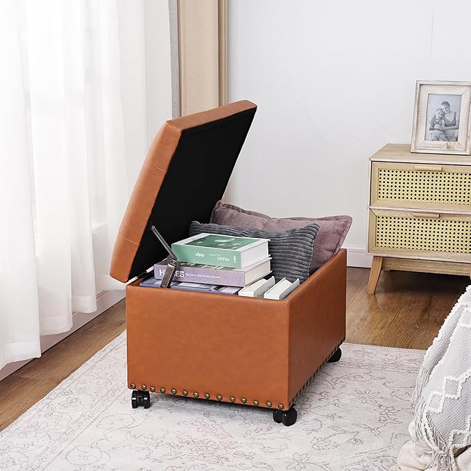 Decent Home 24" Square Ottomans with Storage, Leather Ottoman with Storage with Lockable Wheels and Hight Loading, Foot Stool Ottoman with Wheels for Makeup Room, Dorms and Apartments (Orange Brown)