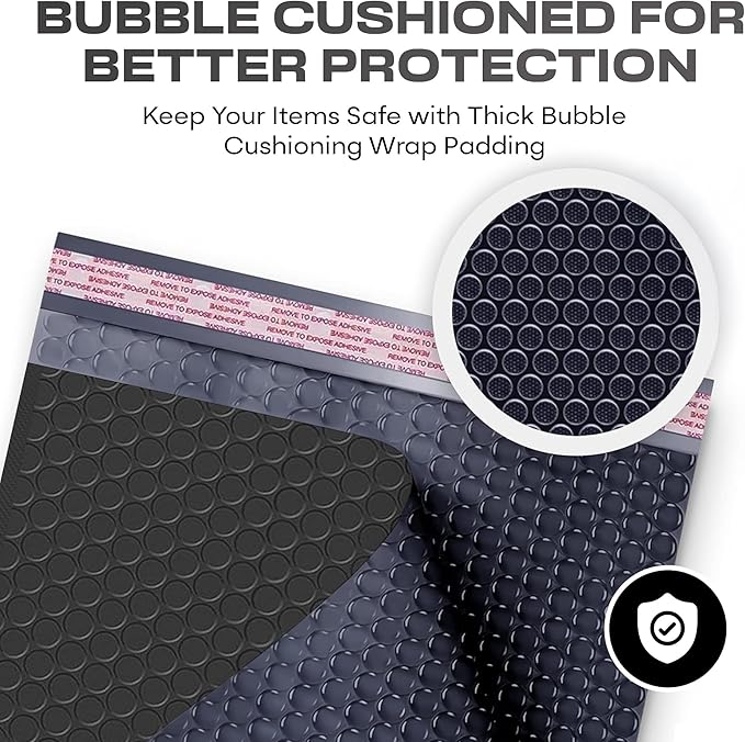 Black 10.5x16 Inch Large Poly Bubble Mailers #5 | Padded Envelopes with Self Seal | Air Lined Cushioned Bubble Mailer | Usable Size 10.5x15 | 200 Pack Bulk | Lightweight shipping Bags