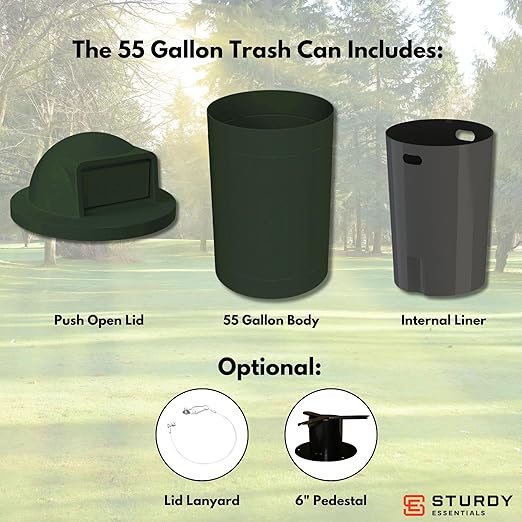 Sturdy Essentials Campus Collection 55 Gallon Round Heavy-Duty Plastic Commercial Outdoor or Indor Trash Can with Push Open Dome Lid and Internal Liner | Great for Schools and Businesses - Green
