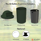 Sturdy Essentials Campus Collection 55 Gallon Round Heavy-Duty Plastic Commercial Outdoor or Indor Trash Can with Push Open Dome Lid and Internal Liner | Great for Schools and Businesses - Green
