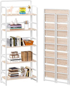 4NM No Assembly 5 Tiers Folding Bookshelf Storage Shelves Vintage Bookcase Standing Racks Study Organizer Home Office (Natural White)