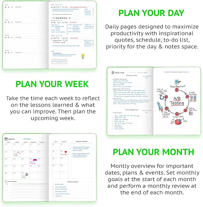 Wyze Planner Undated Daily Planner – 1-Year B5 Productivity Organizer with Two-Page Weekly Spread, Goal Setting, Habit Tracker, Weekly & Monthly Pages – Hardcover Time Management Notebook (Lime Green)