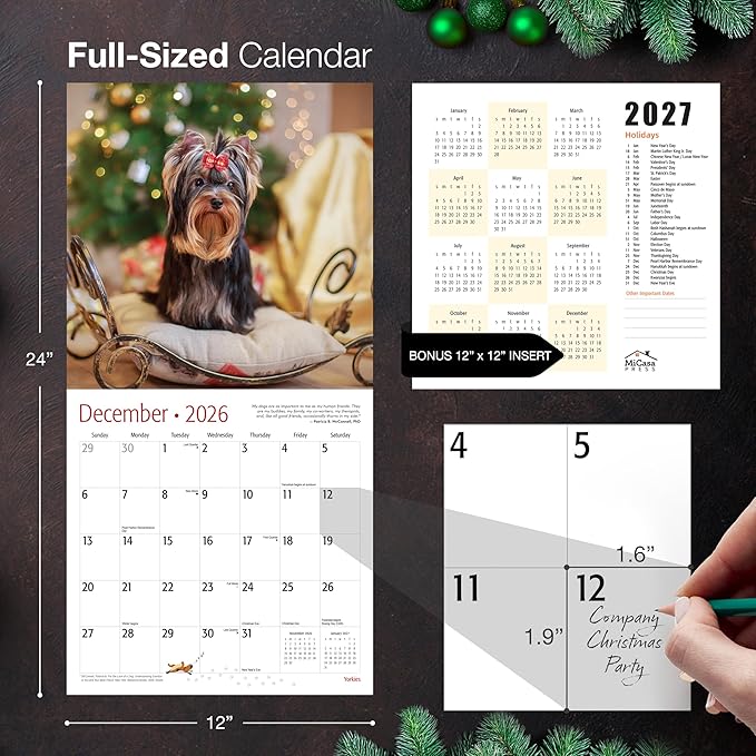MICASA PRESS Yorkies Yorkshire Terriers 2026 Wall Calendar 12 Month | 12" x 24" Open | Thick & Sturdy Paper | Holiday Gift | Cute Puppy Dog Calendar 2026