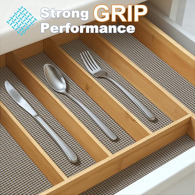 Songrey Non-Adhesive Drawer and Shelf Liner, Non Slip Cabinet Liners, Protect Kitchen Cupboard, Bathroom Drawers, Breathable, Thick Strong Grip mat (12IN x 30FT, Beige)