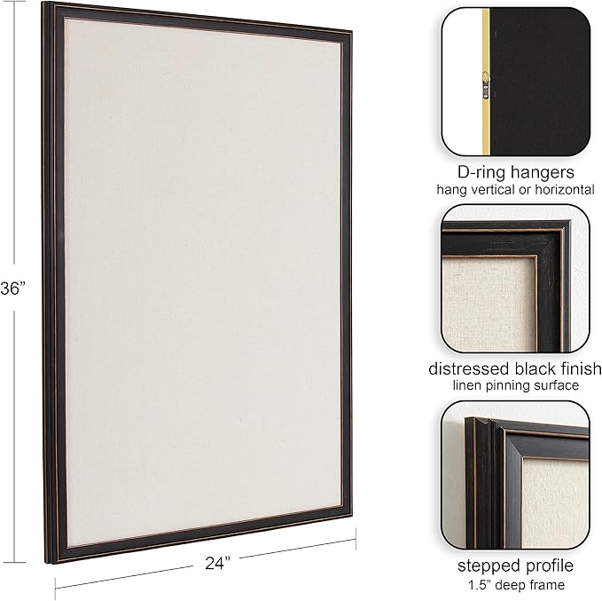 Kate and Laurel Oakhurst Rectangle Framed Linen Fabric Pinboard; 24 x 36; Distressed Black; Traditional Decorative Bulletin Board with Stepped Profile and Lightly Distressed Finish