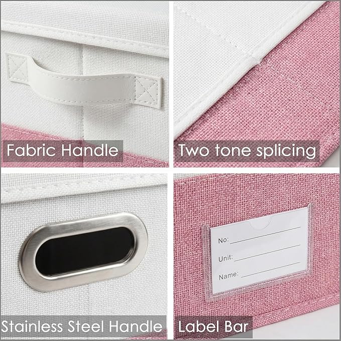 PRANDOM Storage Bins with Lids [3-Pack] Linen Fabric Foldable Storage Boxes Organizer Containers Baskets Cube with Cover for Bedroom Closet Office White&Pink (23.4X15.9X11.4)