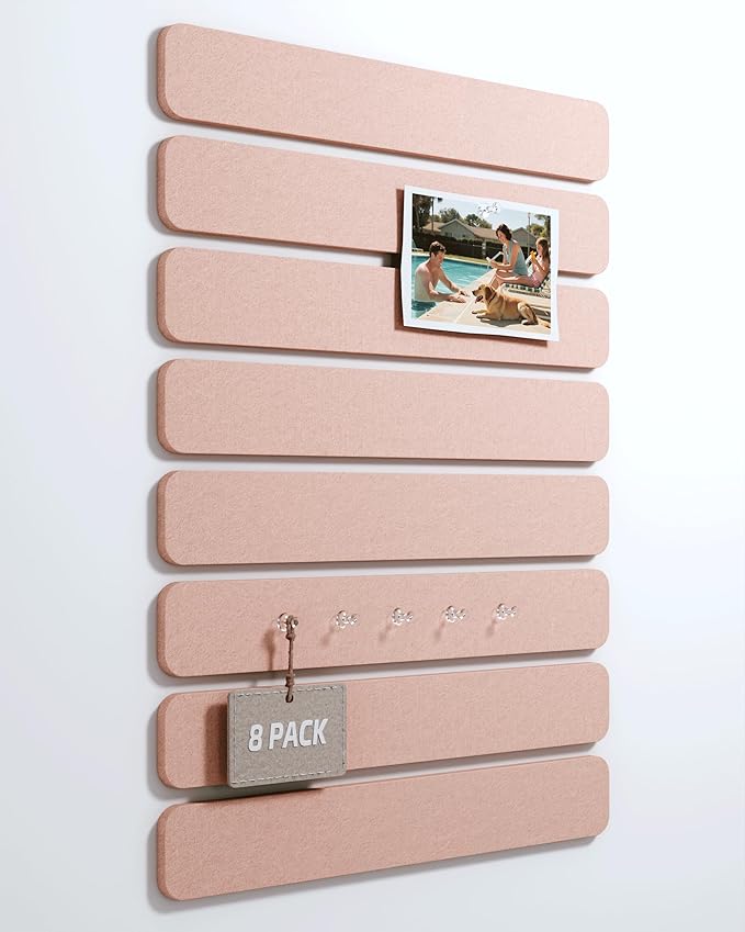 Fluxynara Cork Board Alternative Felt Strip Board 8-Pack 13"x2", Office Pin Board with 50 Push Pins, Adhesive Install for Bedroom Door & Home Office(Pink)