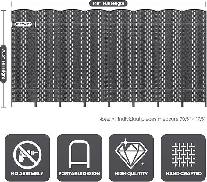 Cocosica 8 Panel Room Divider,6Ft Folding Privacy Screen,Tall - Extra Wide Foldable Panel Partition Wall Divider with Diamond Double-Weaved Hand-Woven Design Room Screen Divider