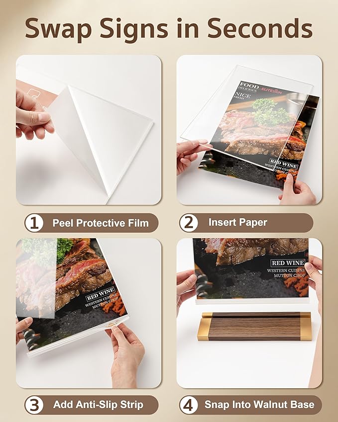 1 Pack Acrylic Sign Holder 8.5 x 11 Inch with Walnut Wood Base, Clear Tabletop Acrylic Display for Menu & Flyer Holder, Commercial Table Frames for Restaurant, Office, Coffee, Bar, Wedding, Hotel