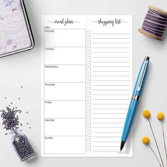 321Done Meal Planning Notepad - 50 Sheets (5.5x8.5) Perforated Weekly Meals Planner Shopping List Menu Groceries Grocery List, Tear Off Memo Pad - Made in USA - Monday Start