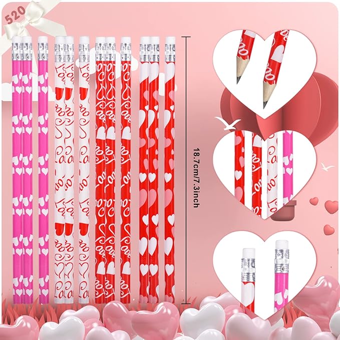 emzrivo 24 PCS Valentines Pencils Bulk Holiday Pencil with Top Erasers Wood Pencils for Classroom, 4 Style(24)