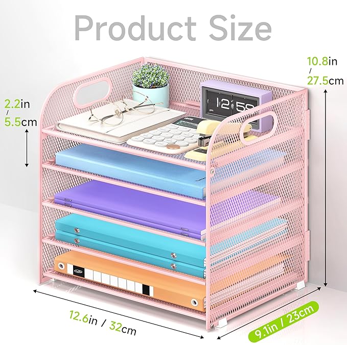 Cawukege 5 Tier Paper Organizer with Handle, Metal Mesh Desk Organizer File Folder Paper Letter Tray Desktop Document Sorter for Classroom, School, Office Accessories Organization and Storage - Pink
