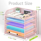 Cawukege 5 Tier Paper Organizer with Handle, Metal Mesh Desk Organizer File Folder Paper Letter Tray Desktop Document Sorter for Classroom, School, Office Accessories Organization and Storage - Pink