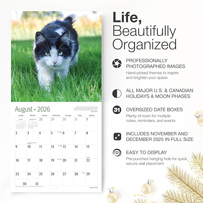 RED EMBER Tuxedo Cats 2026 Wall Calendar 12 Month | 12" x 24" Open | Thick & Sturdy Paper | Holiday Gift | Cute Kitten Cat Calendar 2026