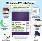 Roterunner Purpose Planner Notebook B5 7.5”x9.8” Undated 2026 Daily Weekly and Monthly Productivity Goal Setting Tool for Work Home ADHD Planner for Adults Self Care Journal (Purple Hardcover)