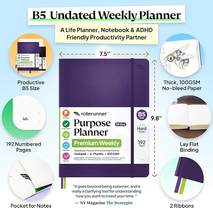 Roterunner Purpose Planner Notebook B5 7.5”x9.8” Undated 2026 Daily Weekly and Monthly Productivity Goal Setting Tool for Work Home ADHD Planner for Adults Self Care Journal (Purple Hardcover)