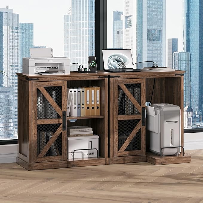 JOINICE,Printer Stand with Storage,File Cabinet with Socket and USB Charging Port,Farmhouse Paper Shredder Stand Rack with Slide-Out Shelf,Walnut