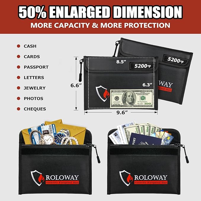 ROLOWAY Fireproof Bag (9.6 x 6.6 inches) 5200℉ Heat Insulated, Fireproof Money Bag with Zipper for Cash (2-Pack Black)
