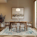 GENIMO 8x10 Area Rugs for Living Room, Machine Washable Non Slip Rugs, Low Pile Lightweight Vintage Print Rug for Bedroom, Dining Room, Home Office, Cyan/White