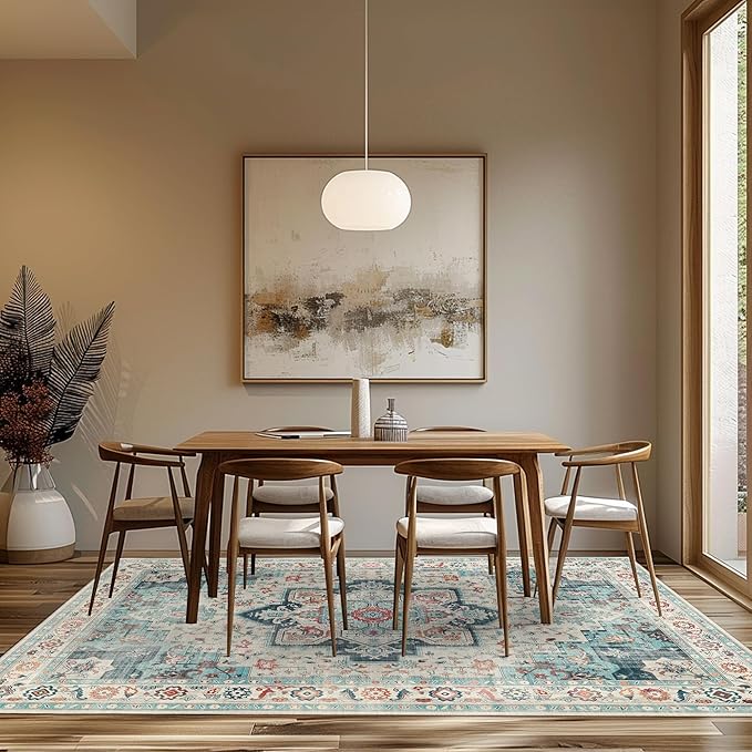 GENIMO 9x12 Area Rugs for Living Room, Machine Washable Non Slip Rugs, Low Pile Lightweight Vintage Print Rug for Bedroom, Dining Room, Home Office, Cyan/White