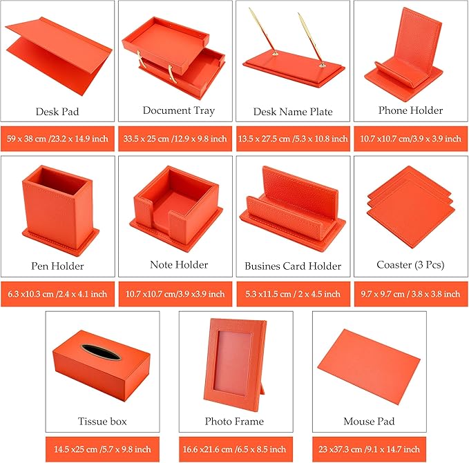 RitPin Luxury Executive Leather Desk Organizer Set – 11-Piece Office Desk Accessories with Desk Pad, Letter Tray, Phone Stand, Pen Holder & Coasters – Professional Office Desk Decor & Gift (Orange)