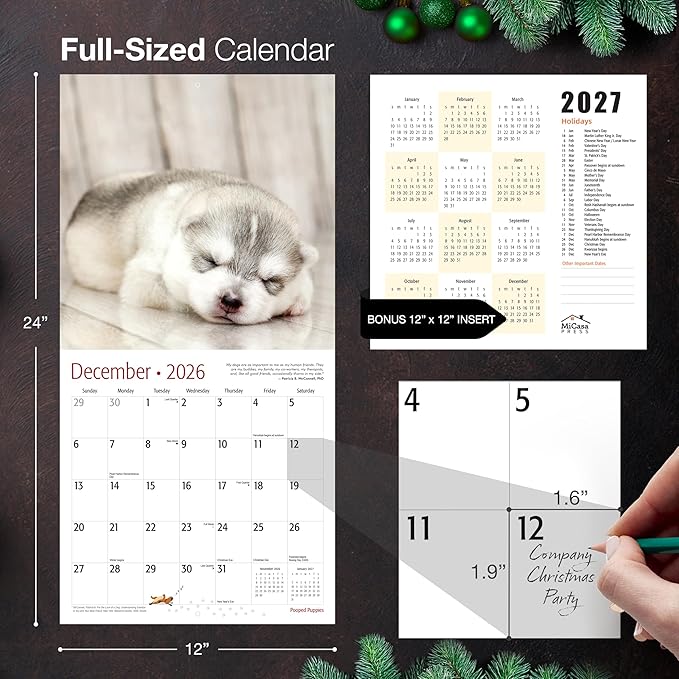 MICASA PRESS Pooped Puppies 2026 Wall Calendar 12 Month | 12" x 24" Open | Thick & Sturdy Paper | Holiday Gift | Cute Funny Puppy Dog Calendar 2026