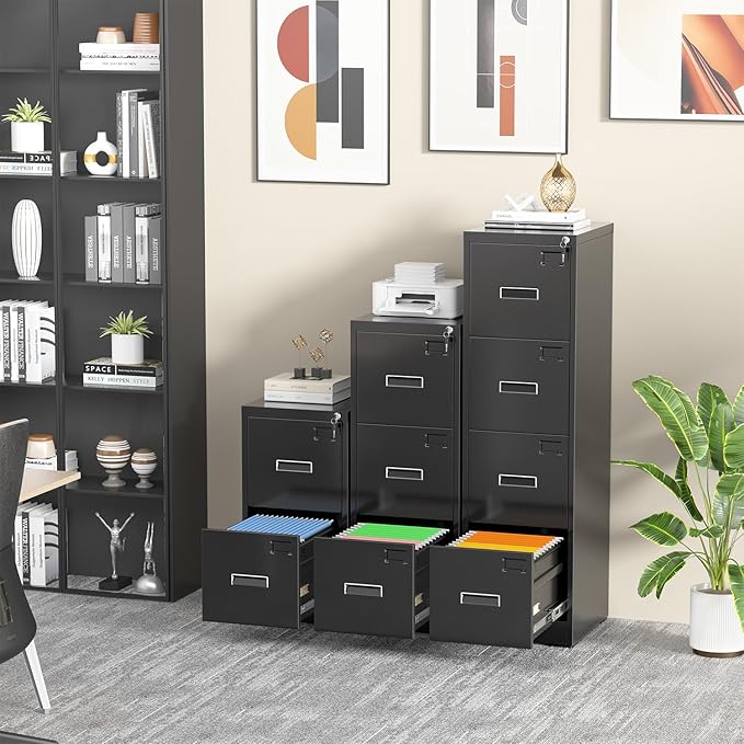 INTERGREAT 2 Drawer File Cabinet, Black Metal Filing Cabinet with Lock, Lockable Vertical File Office Cabinet for Hanging Letters/Legal/A4, Assembly Required