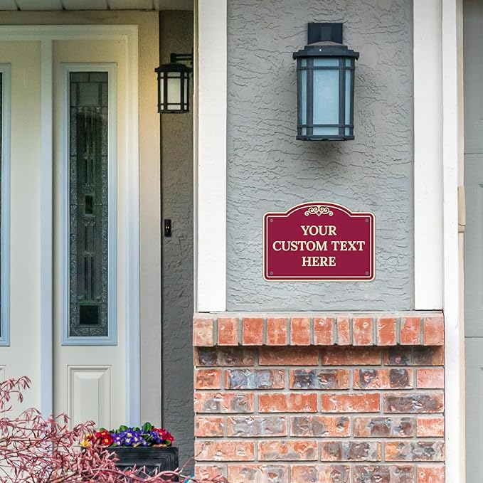 Custom Decorative Sign, Personalized Metal Sign for Driveway, Home, Airbnb, Door Plaque, Burgundy Background Sign, 14x10 Inches, ACM, Fade Resistant, Made in USA by Sigo Signs