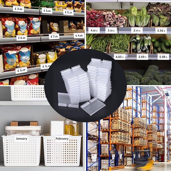Meetory 50 PCS Clear Plastic Label Holders for Wire Shelf Retail Price Label, Basket Bin Labels Clip On, Labels for Storage Bins, Merchandise Sign Display Holder for Supermarket,Label Papers Included