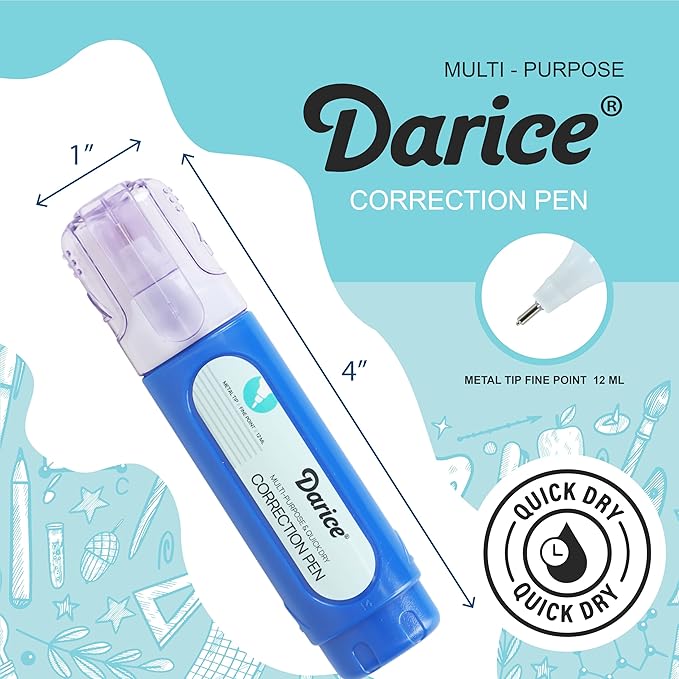 Darice Liquid Correction Pen Box of 48 - Multi-Purpose Liquid White Out Pen with Metal Tip for School, Office & Home
