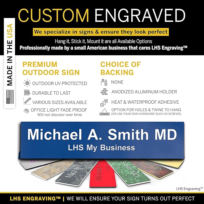 Personalized Name Plate with Choice of Mounting Holders for Walls, Doors, Cubicles, Hanging and More - Custom Blue Plastic White Letters - USA Made 2x6 - B9