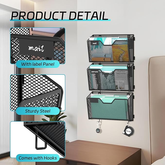 SUPEASY Magnetic File Holder, 3 Pack File Folder Organizer, Wall File Organizer, No Drilling Paper Document Holder & Binder Holder for Home / Office (with Label Panel, 8 * Adhesive Wall Hook)