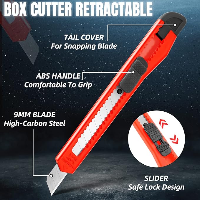 TIFICAL 30 Pack Box Cutter Retractable, Snap-Off 9MM Utility Knife, Auto-Lock Razor Knife for Home, School, Hobby Use, Compact Box Opener Exacto Knife for Cutting Boxes, Carton, Cardboard, Vinyl, Rope