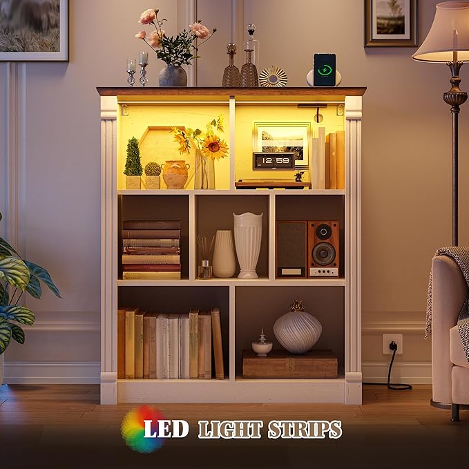 EnHomee 7 Cube Storage Organizer with LED Light and Charging Station Wood Cube Shelf White Bookshelf for Bedroom Living Room,Office,White