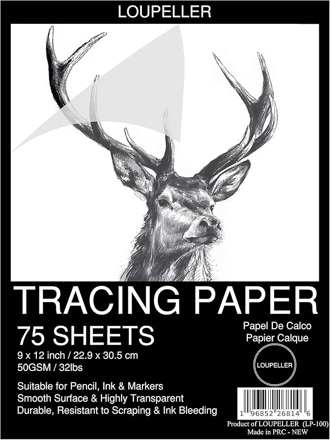 LOUPELLER 9” x 12” Tracing Paper Pad – 75 Sheets of 32lb 50g – Wrinkle Free Highly Transparent Tracing Paper for Drawing – Works with Pen, Pencil & Marker – for Artists, Architects & Kids