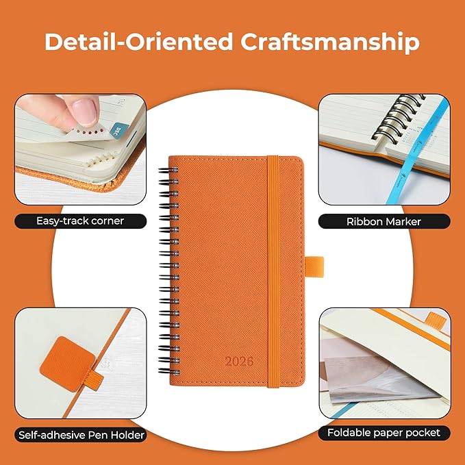 IN-LUXPRO Planner 2026 Daily Weekly and Monthly,6.5"x3.75",12 Months Spiral Bound Calendar Agenda with Self-adhesive Pen Holder,2026 Appointment Book with Vegan Leather Soft Cover,Orange